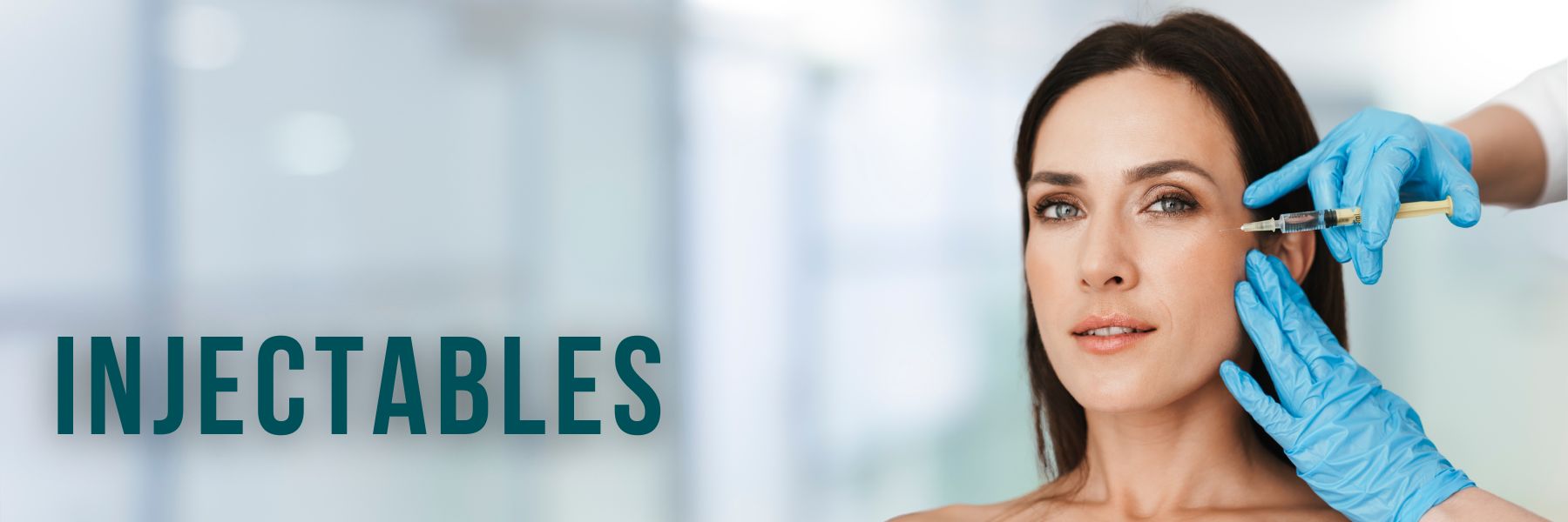 Header image of a women getting a forehead injection that says "injectables"